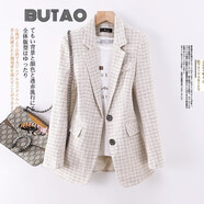 BUTAO格子西裝外套女春秋氣質(zhì)毛呢格紋小西服黑色百搭顯瘦上衣 白格子 M