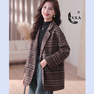 SXA香港潮牌毛呢千鳥(niǎo)格西裝外套女2024秋冬新款氣質(zhì)雙排扣百搭小西服 咖啡格 S