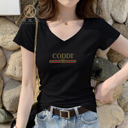 KUFANXI品牌原創(chuàng  ) 短袖T恤女v領(lǐng)修身顯瘦2021年新款夏季V領(lǐng)上衣潮牌網(wǎng)紅ins潮 CODDI-黑色 XL