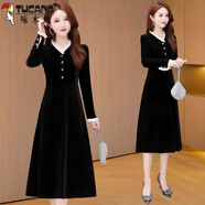 啄木鳥(niǎo)燈芯絨黑色長(cháng)袖連衣裙女秋季2025新款冬感氣質(zhì)收腰赫本風(fēng)長(cháng)裙 黑色 2XL 130-145斤