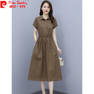 皮爾卡丹（pierre cardin）棉麻連衣裙女純色2025新款夏季氣質(zhì)翻領(lǐng)MM收腰遮肚短袖亞麻長裙針 咖啡色 3XL 建議135-145斤