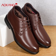 奧康品牌棉鞋男冬季加絨皮鞋高幫男鞋真皮男士棉靴 棕色A款 41