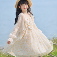 森女部落原創(chuàng  )法式仙女裙甜美少女碎花裙小清新吊帶雪紡氛圍連衣裙 杏色開(kāi)衫（單件） M