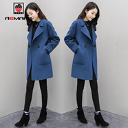 AEMAPE新年戰袍毛呢大衣女2025春秋冬新款女裝中長(cháng)款韓版呢子外套女寬松 寶藍色 4XL _碼【160-180斤】