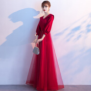 塞德勒敬酒服新娘2025新款紅色氣質顯瘦回門訂婚結婚晚禮服裙女秋季 酒紅色純網紗:長款 M(建議96-105斤)