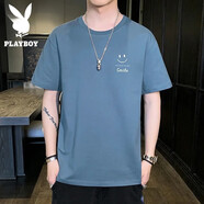 花花公子（PLAYBOY）夏季純棉短袖t恤男士冰絲薄款透氣潮流牌情侶學(xué)生大碼T上衣服半袖 66霧霾藍(lán) M