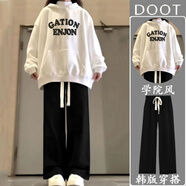 DOGHC12大童女裝春秋季套裝15初高中學(xué)生18女生新款連帽衛衣寬松休閑褲 白衛衣+黑抽繩褲 春秋-套裝 薄款 S 建議【60-85斤】