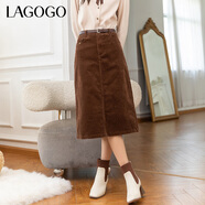 lagogo拉谷谷秋冬新款復(fù)古英倫咖色燈芯絨直筒半身裙女A字裙優(yōu)雅 咖啡色(U1) S (155)