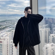 琛倪拉鏈連帽麻花毛衣外套男女秋冬加厚針織開衫復(fù)古寬松慵懶風(fēng)上衣 黑色 3XL