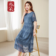 亦朵重工刺繡桑蠶絲連衣裙夏季女裝輕奢藍色真絲裙子 天藍 S