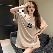 微愛的小松鼠孕婦T恤 衫落肩寬松棉后包邊2025夏季網(wǎng)紅孕婦短袖T恤印花款 5405 卡其上衣 L