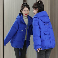純信棉服女2025冬季韓版寬松百搭連帽女士棉衣顯瘦棉襖保暖面包服外套 口袋克萊因藍色 XL 建議125-140斤