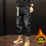 古先森小腳牛仔褲男寬松直筒褲迷彩翻邊男士束腳褲春秋季新款休閑長(cháng)褲子 黑色809加絨款 30 【115-125斤】