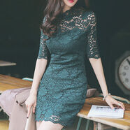UKCF蕾絲連衣裙女2023春夏新款收腰顯瘦氣質(zhì)名媛中長(cháng)款純色復古包臀裙 墨綠色 L_108-118斤