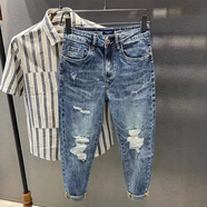 贏(yíng)鎮牛仔褲男潮流夏季修身小腳哈倫褲微垮男士百搭破洞休閑印花九分褲 藍色k01-騎士 30