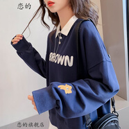 戀的秋季翻領(lǐng)女生衛衣女學(xué)生時(shí)尚春秋高中生初中生秋天衣服韓版寬松無(wú)帽少女中學(xué)生冬薄款POLO衫上衣外套 可愛(ài)藍色 均碼