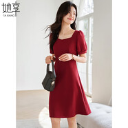 她享短袖連衣裙女方領(lǐng)赫本風(fēng)小個(gè)子高級感時(shí)尚紅色禮服裙子T143Q1426