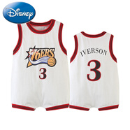 迪士尼（Disney）嬰兒短袖全棉球衣籃球服科比夏裝男女寶寶連體衣哈衣球服包屁衣 白色3號(hào)艾弗森 胖寶寶買大1碼 66cm 66：身高59-、體重12-15斤