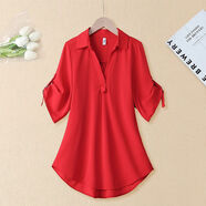 西垂宮（XiChuiGong）中長(cháng)款短袖襯衫女2023夏新款包臀收腰雪紡衫寬松大碼女裝雪紡上衣 紅色 【高品質(zhì)】 S 建議100斤以下