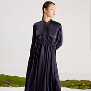 界內界外原創(chuàng  )設計師品牌超長(cháng)款襯衣裙女2021春秋季高端簡(jiǎn)約立領(lǐng)垂感人絲連衣裙 藏青色 S