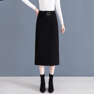 追屬（ZHUISHU）毛呢半身裙女2025秋冬季新款高腰中長(zhǎng)開叉加厚一步包臀長(zhǎng)裙子冬裙 黑色 29/XL