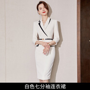 Sugargirl夏季黑白色西裝連衣裙女氣質(zhì)小香風(fēng)通勤商務(wù)時尚職業(yè)正裝高檔裙子 白色七分袖連衣裙 3XL