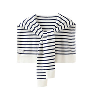 假日概念針織條紋披肩外搭高端女夏季薄款空調衫圍脖護肩頸網(wǎng)紅搭肩小圍巾 白底藏青條