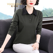 梵喬希品牌定制條紋t恤女長(cháng)袖春季新款時(shí)尚體恤衫寬松polo領(lǐng)上衣 綠條紋 4XL