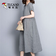 啄木鳥(niǎo)棉質(zhì)黑白小格子長(zhǎng)款過(guò)膝連衣裙女短袖2025夏新款文藝寬松顯瘦裙子 小格子 2XL 140-150