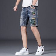 迪歐圖 夏季新款男士薄款牛仔短褲男修身五分褲韓版輕奢高端潮牌時(shí)尚刺繡印花男褲潮流個(gè)性百搭時(shí)髦破洞半褲 TC-179藍色 30碼=腰圍2尺3