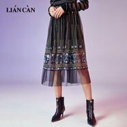 蓮燦2025春秋新款原創(chuàng  )設計百搭修身蓬松繡花雪紡網(wǎng)紗蕾絲半身長(cháng)裙 黑色 S