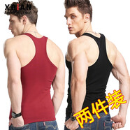 續點(diǎn)工字背心男夏季彈力修身休閑健身緊身運動(dòng)跨欄棉男士吊帶無(wú)袖坎肩 棗紅+黑色 XL 碼128-138斤左右修身版型