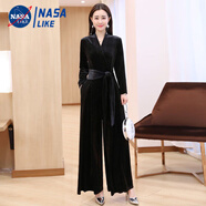 尚簡(jiǎn)紛闊腳連體褲女2025新款韓版春秋季高腰顯瘦長(cháng)袖金絲絨高檔連體褲潮 黑色 M