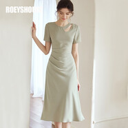 ROEYSHOUSE羅衣氣質(zhì)純色鏤空連衣裙夏裝新款優(yōu)雅褶皺修身A擺裙子06671 豆綠色 S