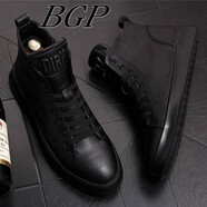 BGP潮牌2024新款韓版休閑皮鞋百搭男板鞋厚底復(fù)古男鞋高幫樂福鞋男生 【黑色 增高版】 38
