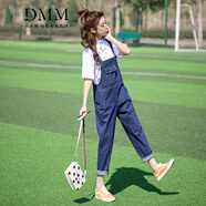 朵沐縵 牛仔背帶褲女春秋2021新款潮流百搭連體褲復古港味可愛(ài)減齡女士褲子時(shí)尚韓版寬松顯瘦哈倫褲 6617 深藍色 L