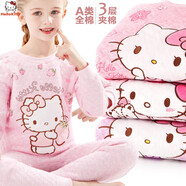 凱蒂貓Hello Kitty女童保暖內(nèi)衣套裝棉兒童加厚加絨秋衣秋褲棉寶寶秋冬睡衣童裝 D款【3層夾棉 再加絨】粉色 55422 130 適合125-135cm