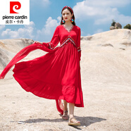 皮爾卡丹（pierre cardin）云南沙漠裙子異域風(fēng)情草原旅游麗江民族風(fēng)女裝胡楊新疆拍照連衣裙 紅色 銅片流蘇裙 S