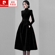皮爾卡丹（pierre cardin）冬裝新款連衣裙高領(lǐng)酒紅色高級感A字裙減齡氣質(zhì)金絲絨禮服女 黑色 L