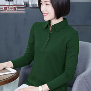 橫行道春季女韓版新款翻領(lǐng)帶領(lǐng)打底衫休閑修身長袖襯衫領(lǐng)t恤上衣竹節(jié)棉 墨綠 2XL