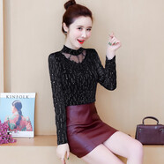 歌蜜奴 打底衫女長(cháng)袖蕾絲衫春秋裝女裝新款彈力網(wǎng)紗大尺碼寬松加絨高領(lǐng) 藍色加絨 L(105-115斤)