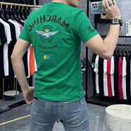 香港潮牌男士短袖t恤夏季新款老鷹字母刺繡絲光棉修身半袖體恤潮 綠色 短袖C330繡皇冠飛鷹款 XL