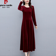 皮爾卡丹（pierre cardin）秋季新款金絲絨連衣裙女高貴洋氣圓領(lǐng)長(zhǎng)袖氣質(zhì)長(zhǎng)款大l碼長(zhǎng)裙子春 酒紅色 M(建議100-110斤)