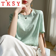 TKSY復(fù)古國風(fēng)重磅真絲短袖上衣女夏季浮雕肌理桑蠶絲提花圓領(lǐng)小衫T恤 綠色 L