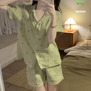 優(yōu)詩菲日系格子睡衣女夏季棉短袖短褲套裝薄款可愛學(xué)生少女家居服 6063#雙短水蜜桃 綠色 L 100-120斤