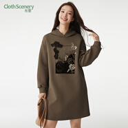 布景長袖連衣裙女2024秋新品簡約亮片繡花寬松連帽衛(wèi)衣裙0838 巧克力色 M