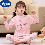 迪士尼（Disney）兒童睡衣純棉秋衣秋褲保暖內(nèi)衣套裝中小女孩子春秋長袖女童家居服 粉草莓(中領(lǐng)) 140 cm 建議8-9歲