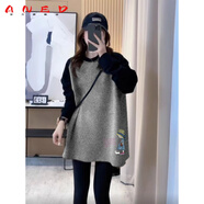 ANED配鯊魚褲的長款T恤女秋冬加薄絨百搭寬松內(nèi)搭洋氣顯瘦遮屁股上衣 黑拼灰(黑-英文女孩)【磨毛款】 L 110-125斤