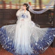 唐努烏（Tang Nu wu）漢服女中國風(fēng)超仙對襟襦裙漢齊腰長(cháng)裙古風(fēng)古裝大擺裙套裝表演服  藍色【齊胸三件套】 M 【90-110斤】