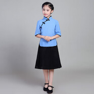 馬櫻紅雨 六一兒童民國學(xué)生裝童裝演出服裝女童古裝民國風(fēng)五四青年合唱朗 藍色棉麻【中裙】 130 【建議身高125-135厘米】